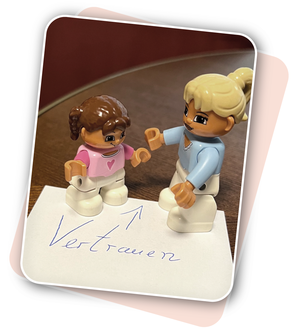 Familienaufstellung Zwei Playmbil-Figuren afueinem Blatt auf dem Vertrauen steht